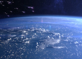 View of planet Earth and meteor shower. Meteor rain and Earth. Quadrantids, Lyrids, Eta Aquariids, A...