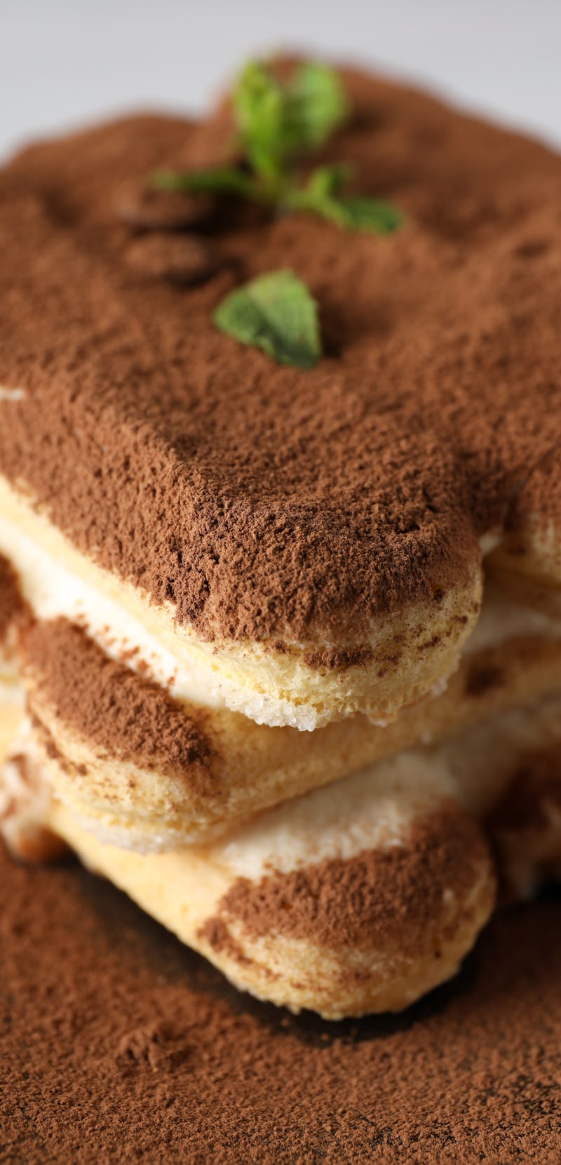Concept of sweet food, Tiramisu cake, close up