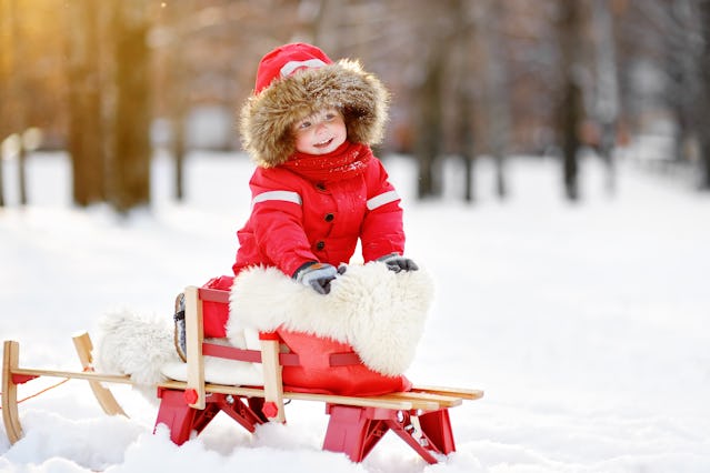 Portrait of beautiful toddler boy having fun in winter
