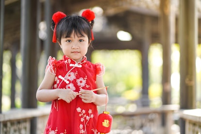 Asian little girl in Chinese traditional costume holding the lantern for celebrating Chinese New Yea...