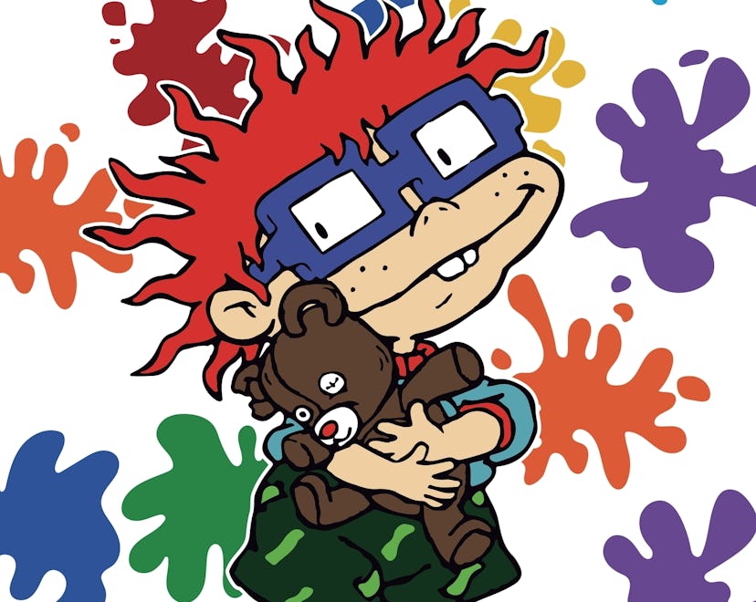 Rugrats character cuddling teddy bear with colored paint spots in background