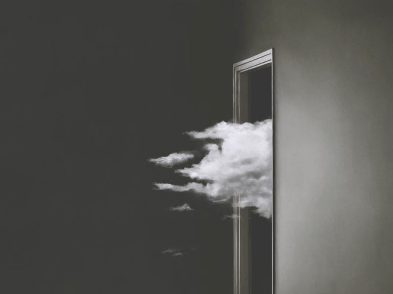 illustration of a cloud entering an open door, surreal minimal abstract concept black and white