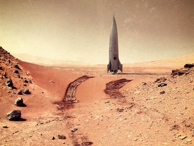 Rocket on Mars. Martian photo with 3d rendering speceship and vintage film camera effects. Elements ...