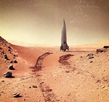 Rocket on Mars. Martian photo with 3d rendering speceship and vintage film camera effects. Elements ...