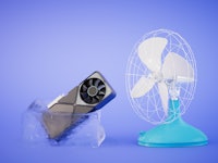 The concept of cooling the video card. A graphics card in a piece of melting ice and a fan. 3D rende...
