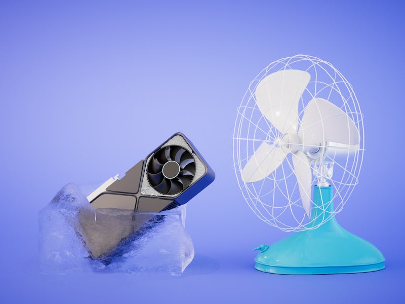 The concept of cooling the video card. A graphics card in a piece of melting ice and a fan. 3D rende...