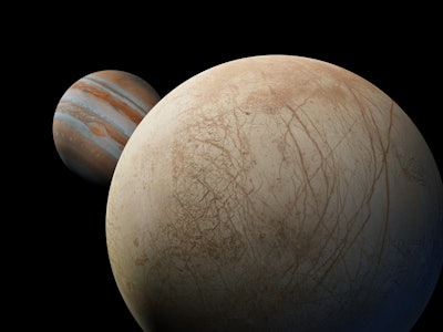 Europa moon of Jupiter, a natural satellite with possible habitable water zone. 3d rendering science...