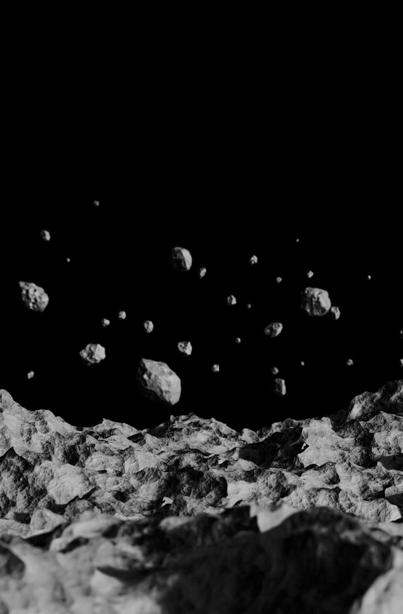 Space background. ground of meteorite rock, stone asteroid rough mountain surface light shadow float...