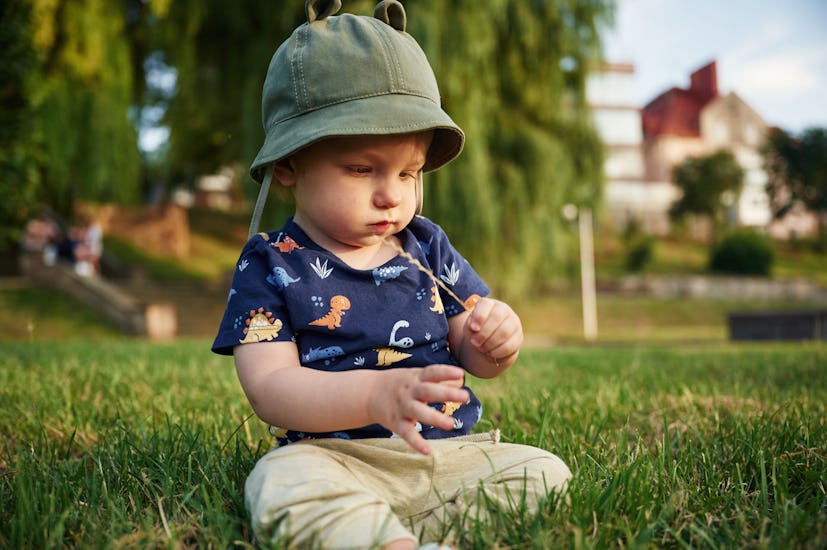 Cute little boy in hat that is with ears is sitting on the grass in the park at daytime.