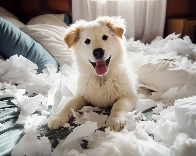 Cute pets play happily in a room full of damaged items