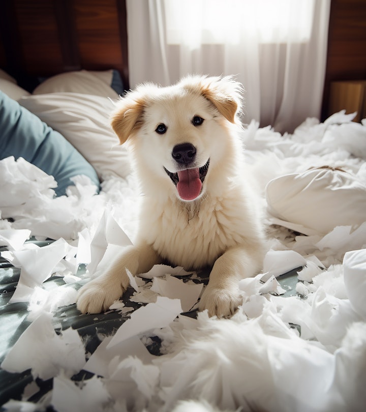 Cute pets play happily in a room full of damaged items