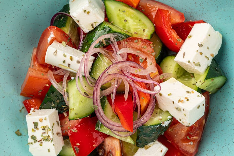 Closeup on portion of fresh vegetable greek salad