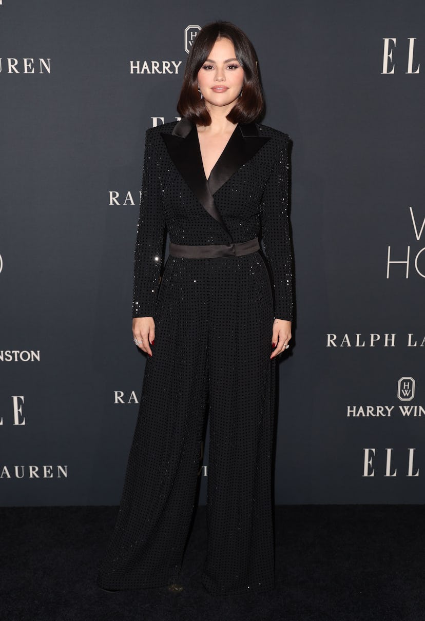 Selena Gomez’s Sparkly, Micro-Plunge Jumpsuit Is Office Holiday Party-Coded