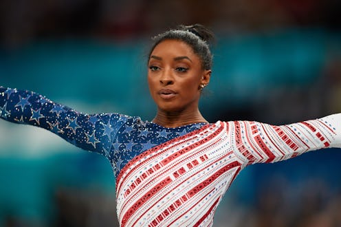 Simone Biles of Team United States looks prior the Artistic Gymnastics Women's Team Final on day fou...