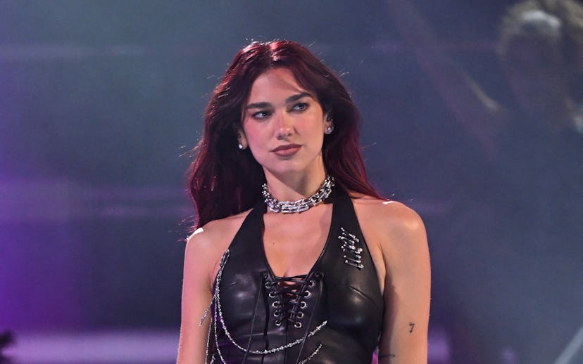 Dua Lipa seen performing on the Pyramid Stage headlining during day three of Glastonbury Festival 20...