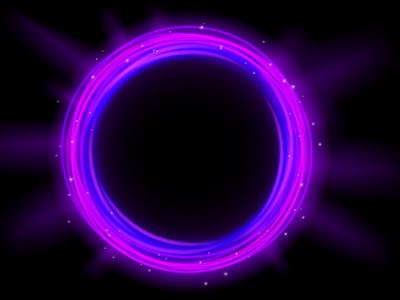 Purple glowing portal concept. Violet neon holographic teleport gate on black background. Circle dig...