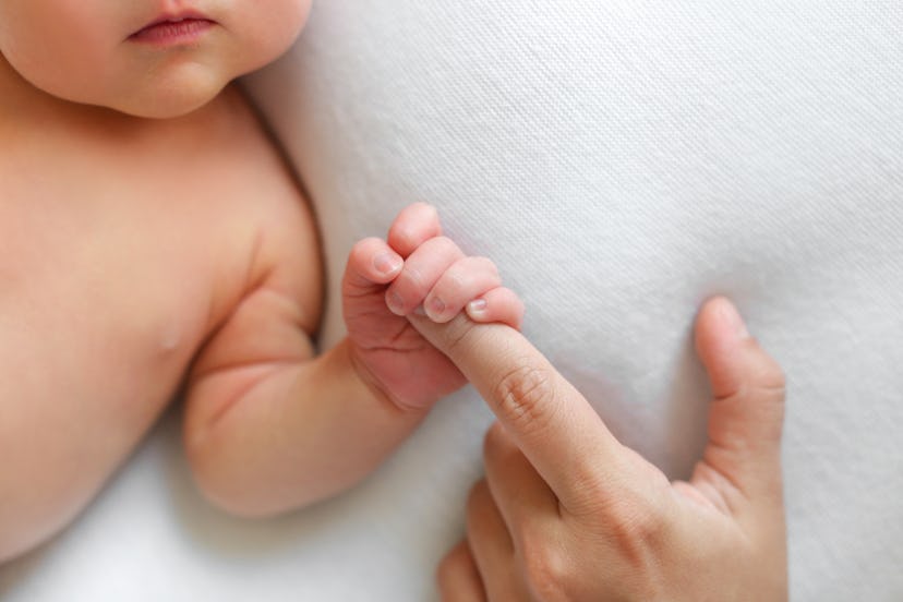The newborn is holding a finger of mother on a white background. The newborn squeezes a finger. Fami...