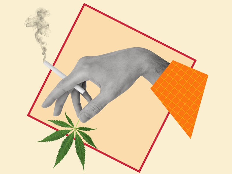 Contemporary art collage of hand with a cigarette and cannabis. Concept of medical cannabis. Modern ...