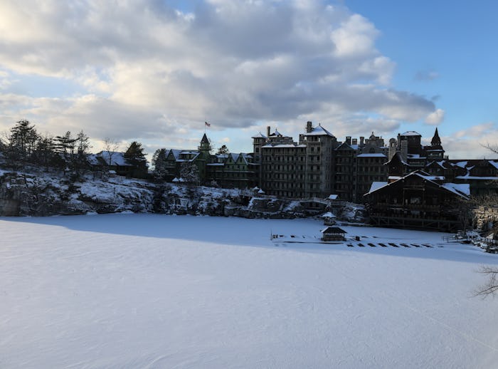 sunset view of famous hotel and wooden gazebo along hiking trail in upstate new york near new paltz ...