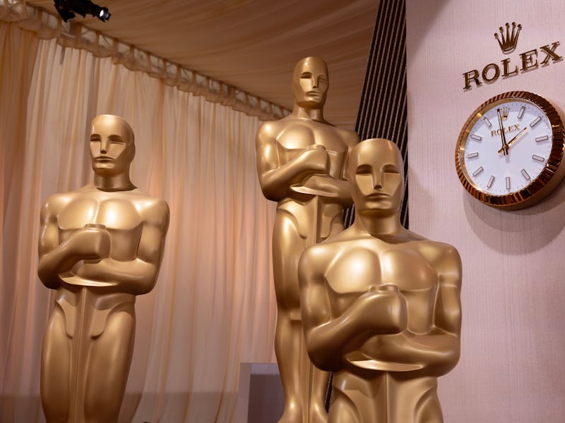 Oscar statues on the red carpet during preparations for the 97th annual Academy Awards ceremony at t...