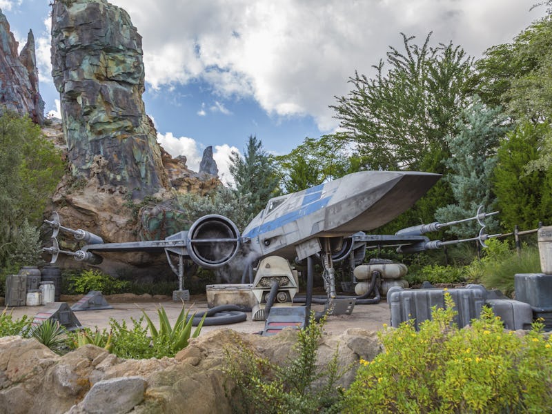 X-wing fighter starship in Star Wars Galaxy's Edge area of Disney's Hollywood Studios theme park