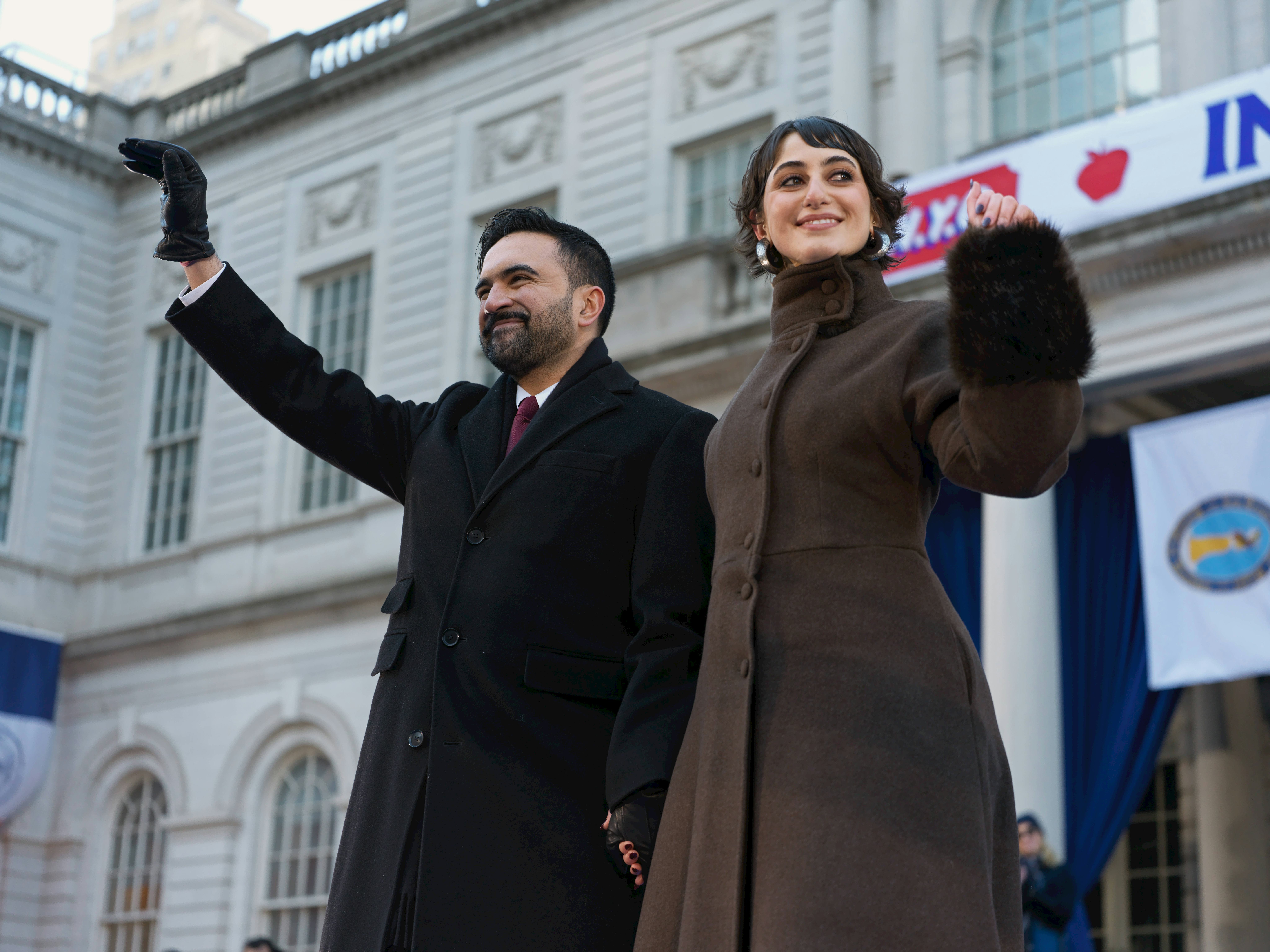 New York City Mayor Zohran Mamdani with his wife Rama Diwaji (R) celebrate his Inauguration as Mayor...