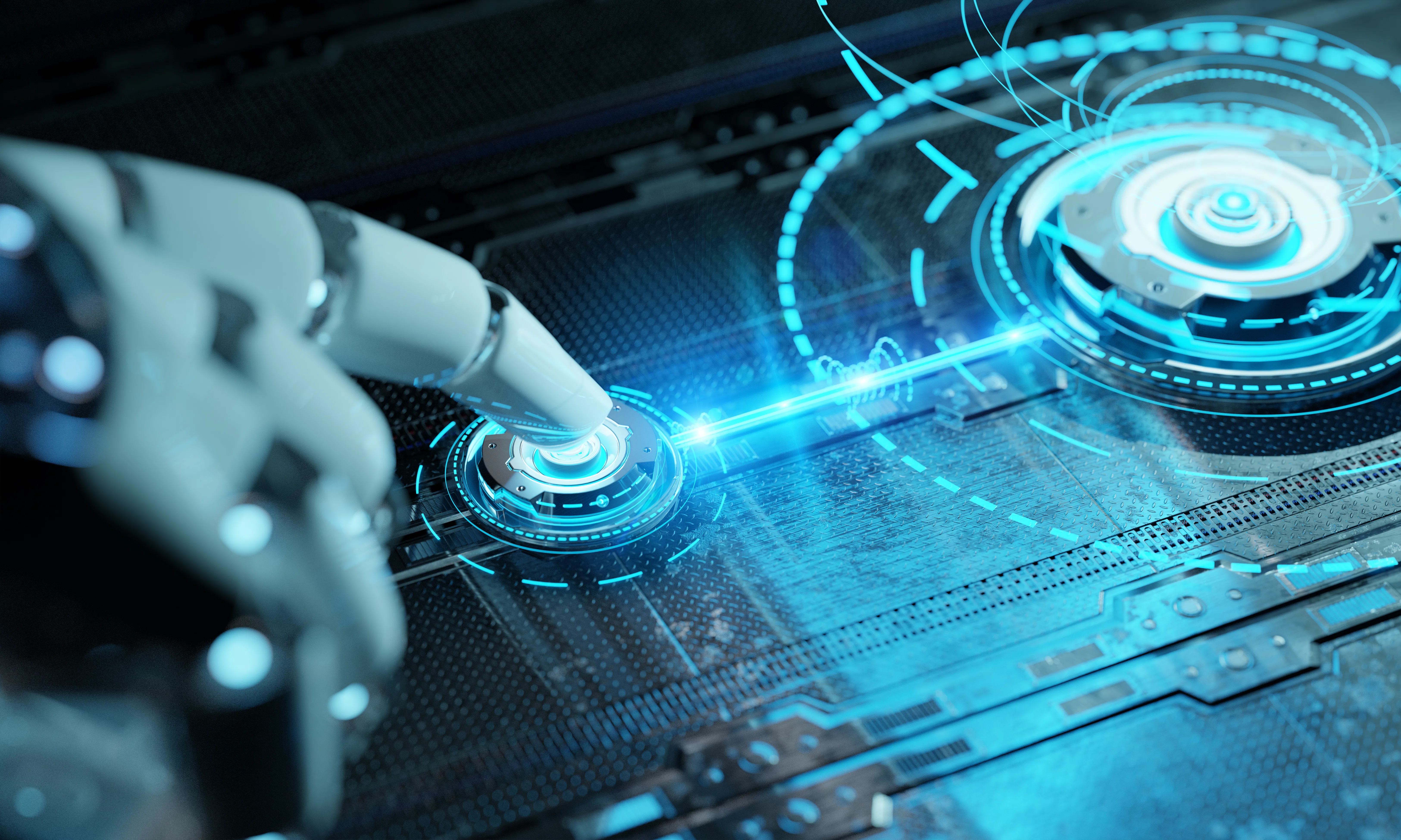 Robotic hand pressing a digital button activating holographic interface. Artificial Intelligence con...