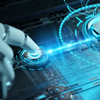 Robotic hand pressing a digital button activating holographic interface. Artificial Intelligence con...