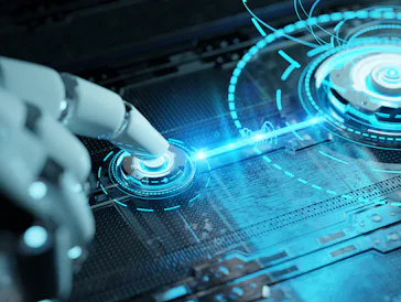 Robotic hand pressing a digital button activating holographic interface. Artificial Intelligence con...