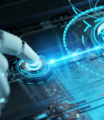 Robotic hand pressing a digital button activating holographic interface. Artificial Intelligence con...