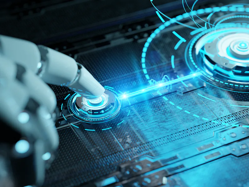 Robotic hand pressing a digital button activating holographic interface. Artificial Intelligence con...