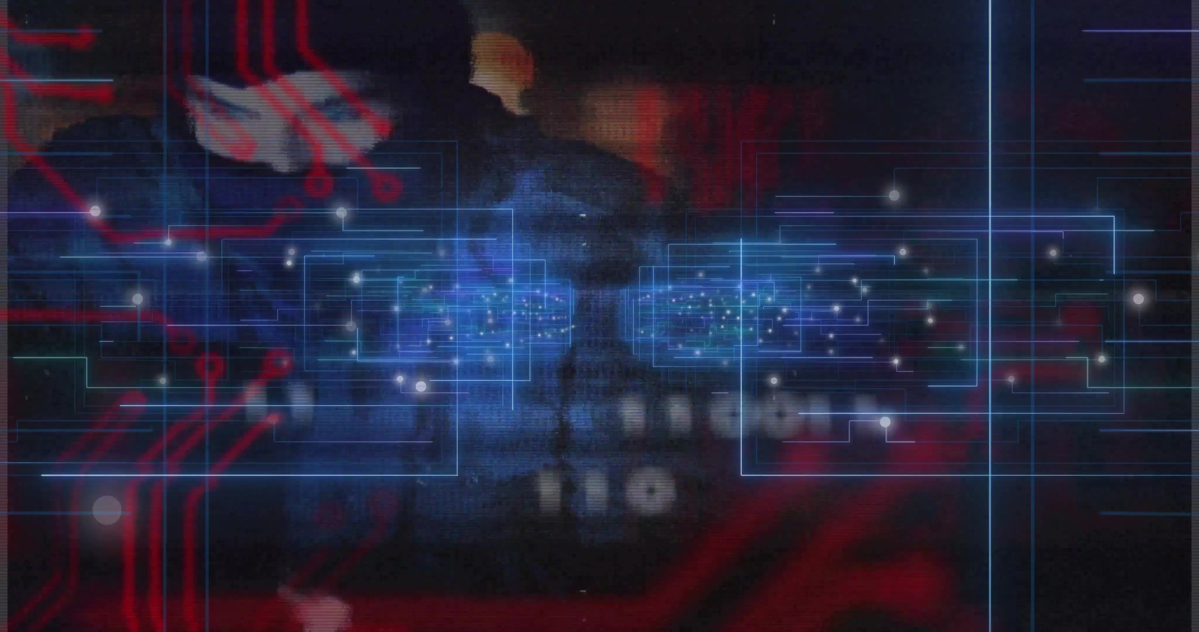 Dominating blue HUD grid filling studio set, showing linked nodes, masked person in dark clothing. C...