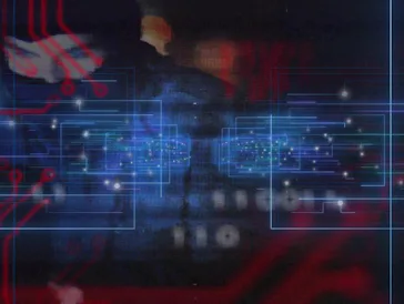 Dominating blue HUD grid filling studio set, showing linked nodes, masked person in dark clothing. C...