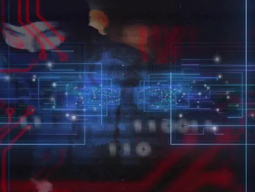 Dominating blue HUD grid filling studio set, showing linked nodes, masked person in dark clothing. C...