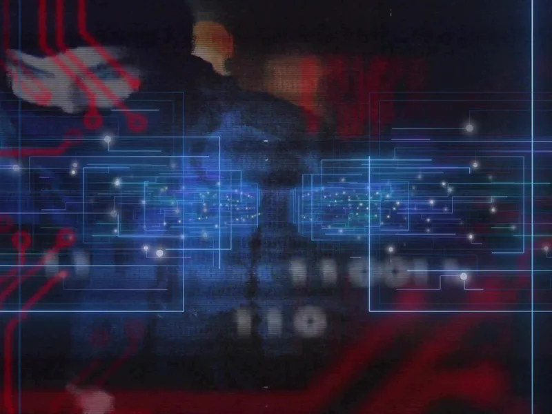 Dominating blue HUD grid filling studio set, showing linked nodes, masked person in dark clothing. C...