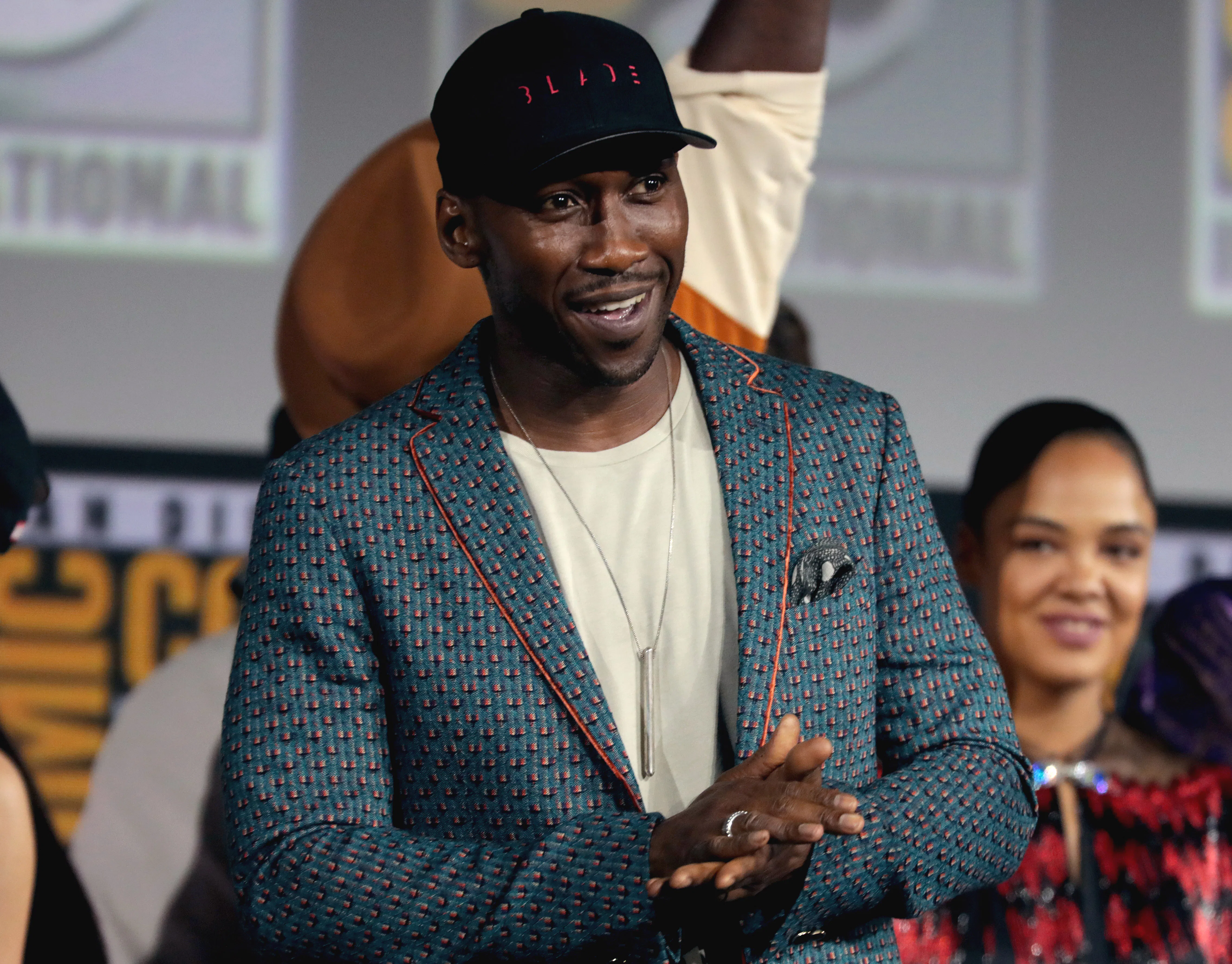 MAHERSHALA ALI speaking at the 2019 San Diego Comic Con in San Diego, California.