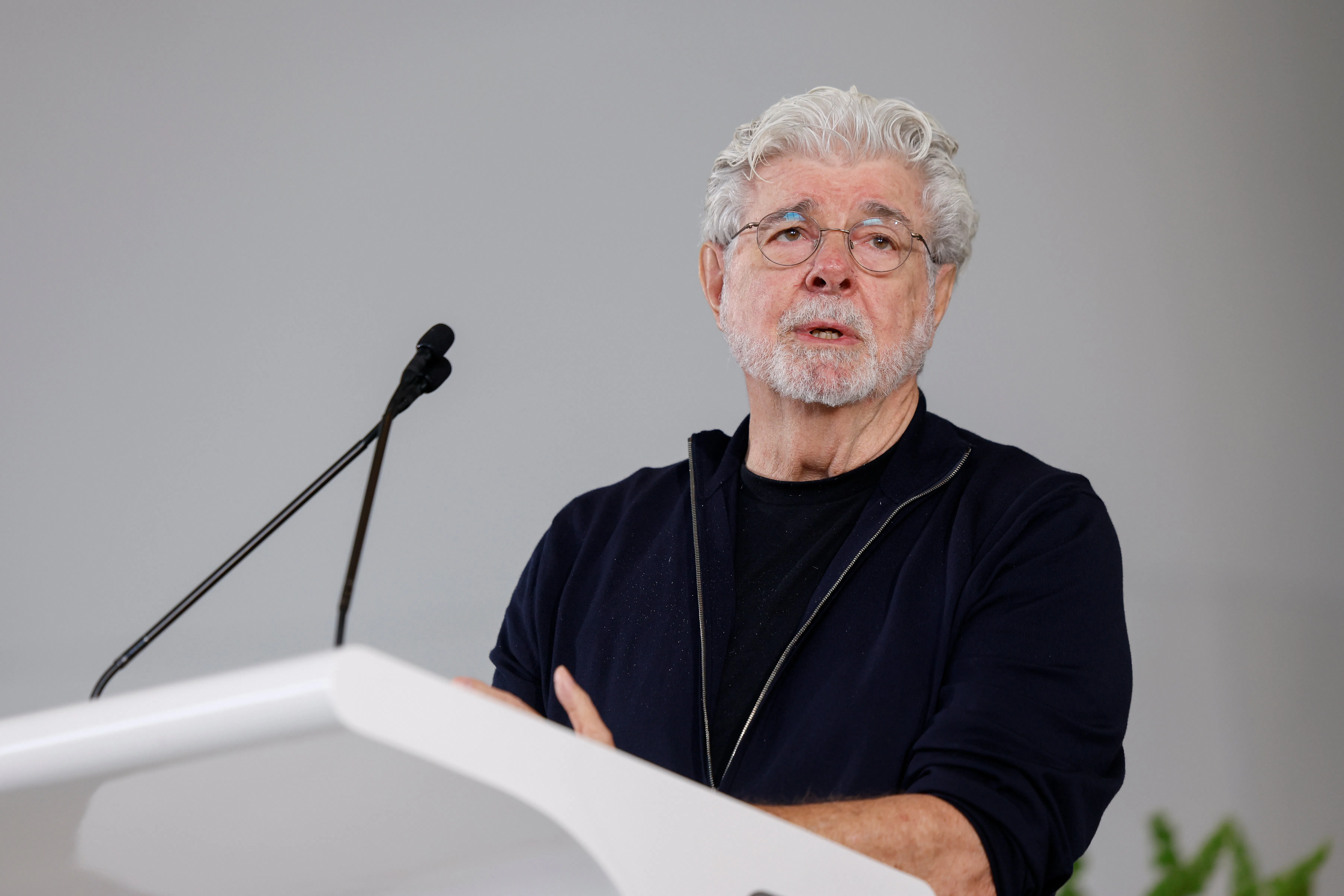 Co-Founder George Lucas delivers remarks during the opening day of the Lucas Museum of Narrative Art...