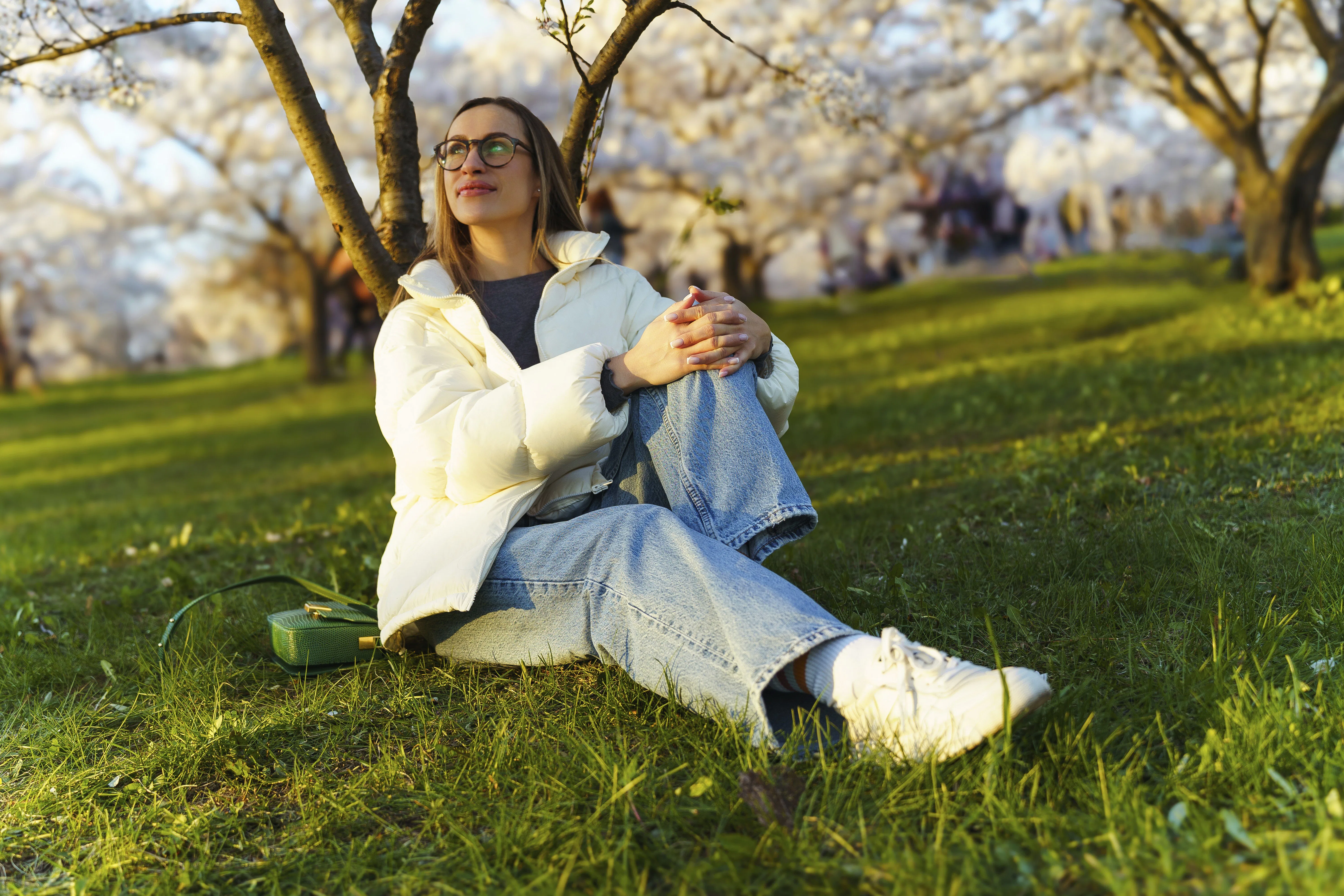 Model Released - Young woman sitting on grass in blooming cherry garden and looking at sakura trees,...