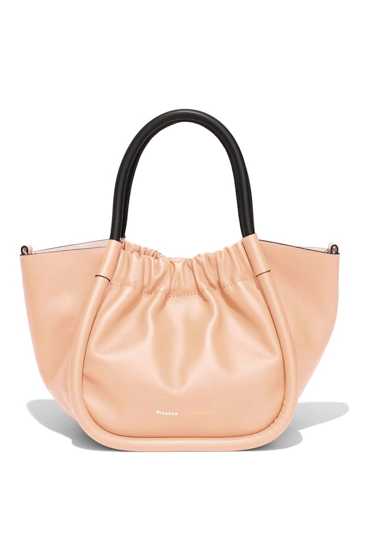 Small Ruched Smooth Leather Tote in Peach: image 1