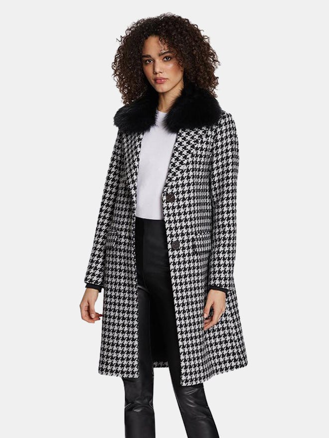 Noelle Houndstooth Pattern Wool Coat with Removable Raccoon Fur Collar: image 1