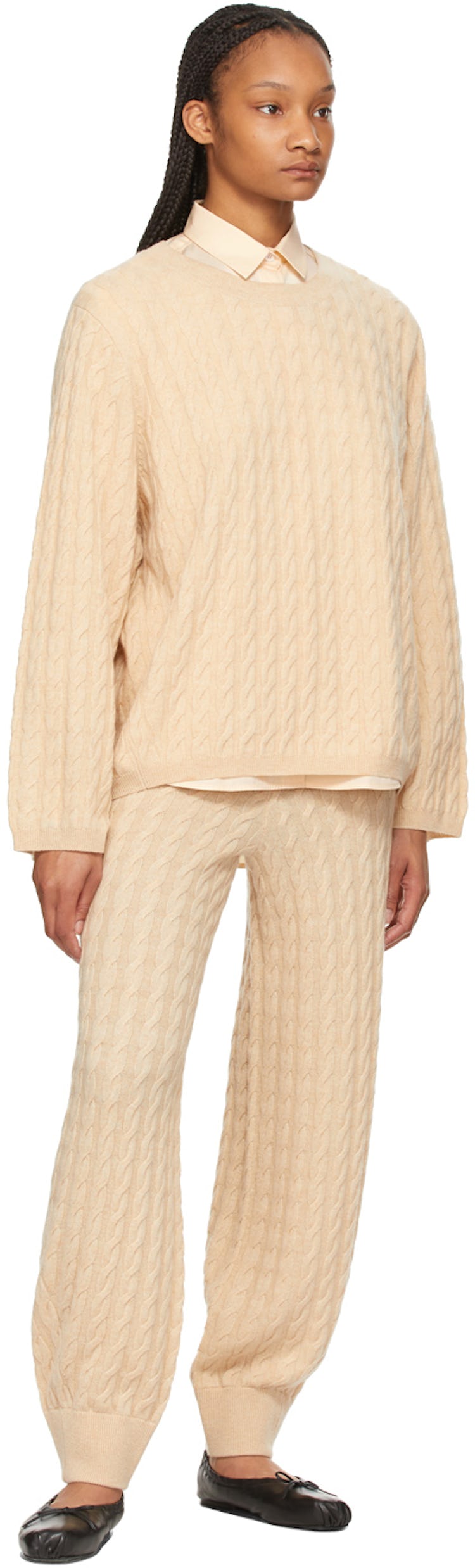 Beige Cashmere Cable Knit Lounge Pants: additional image