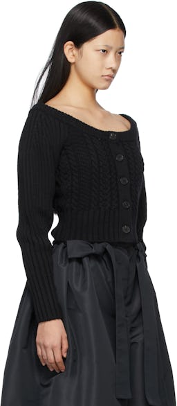 Black Cable Knit Off-The-Shoulder Cardigan: additional image