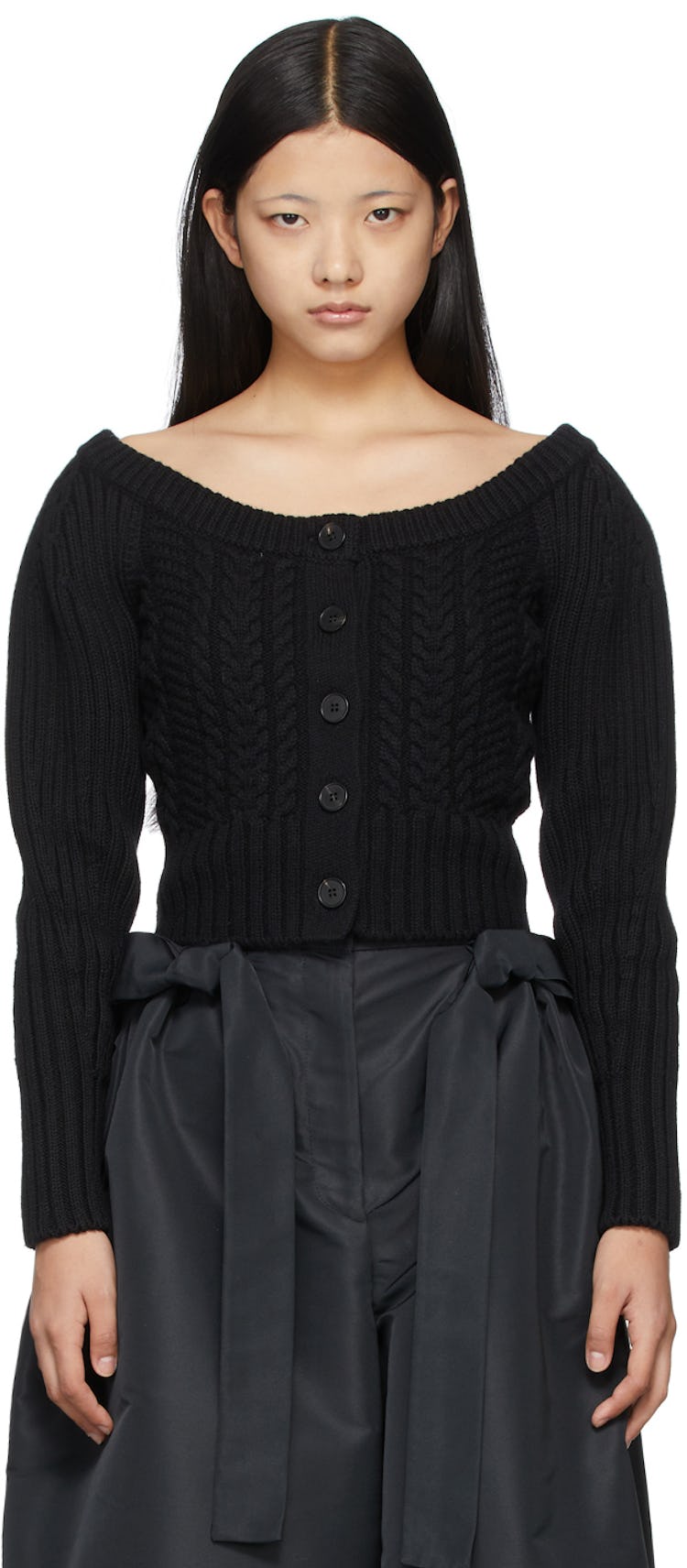 Black Cable Knit Off-The-Shoulder Cardigan: image 1