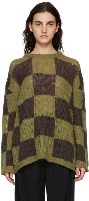 Green & Brown Wool Chessboard Check Sweater: image 1