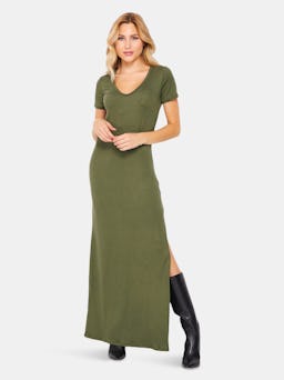 T-Shirt Maxi Side Slit Dress | Olive: image 1