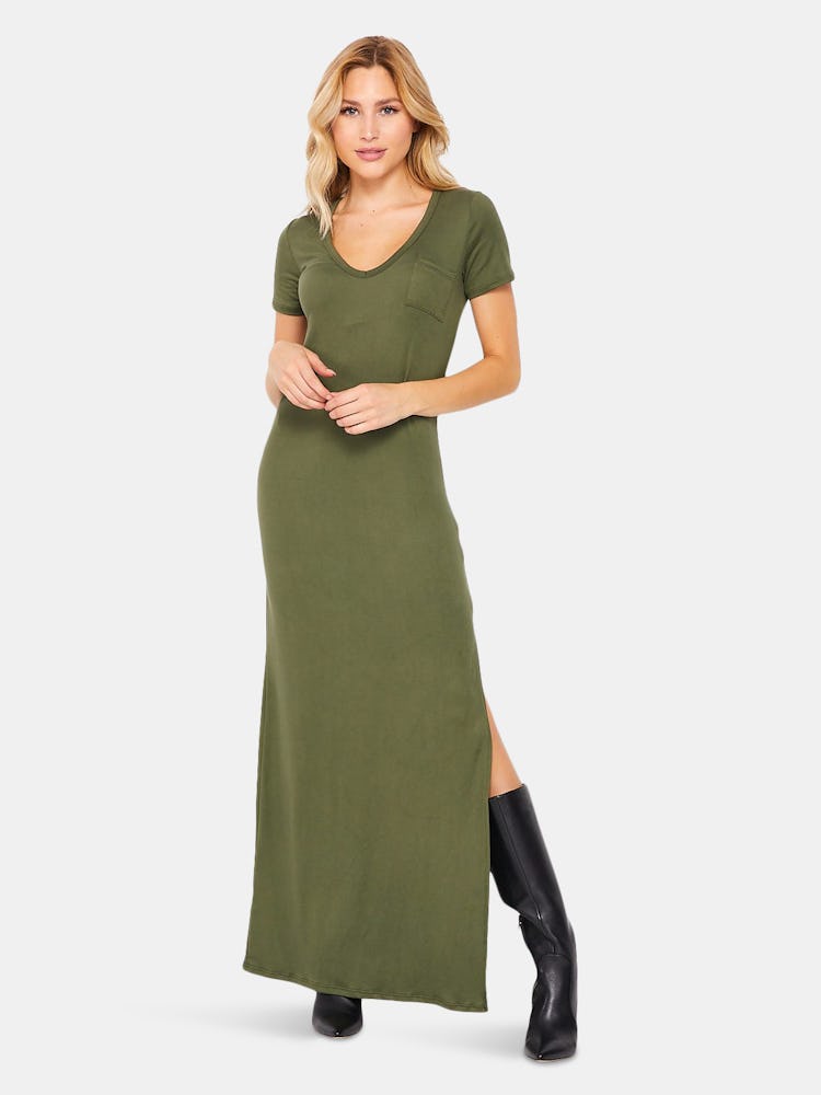 T-Shirt Maxi Side Slit Dress | Olive: image 1