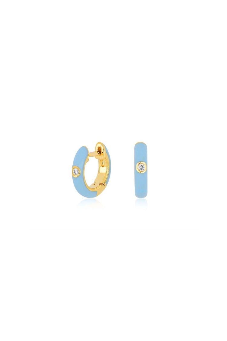 Single Diamond Baby Blue Enamel Huggie Earring in Yellow Gold: image 1
