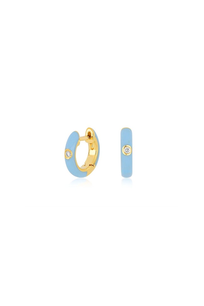 Single Diamond Baby Blue Enamel Huggie Earring in Yellow Gold: image 1