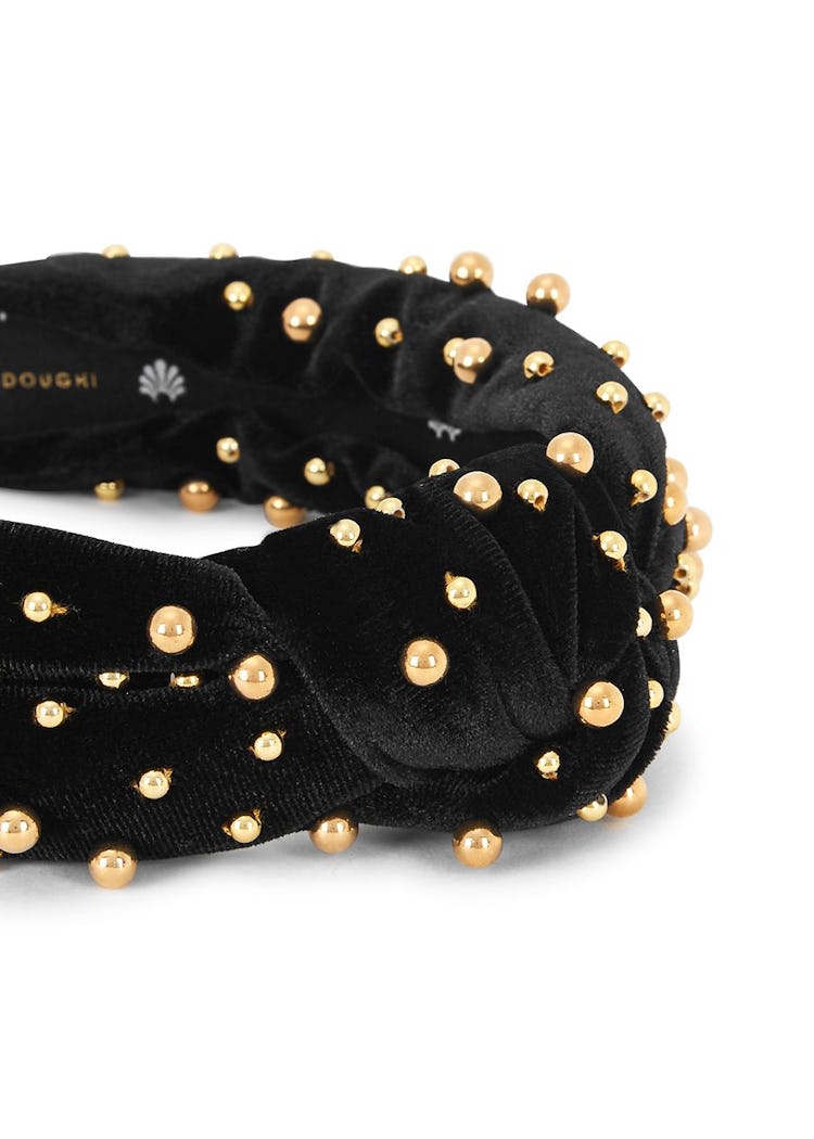 Black bead-embellished velvet headband: image 1