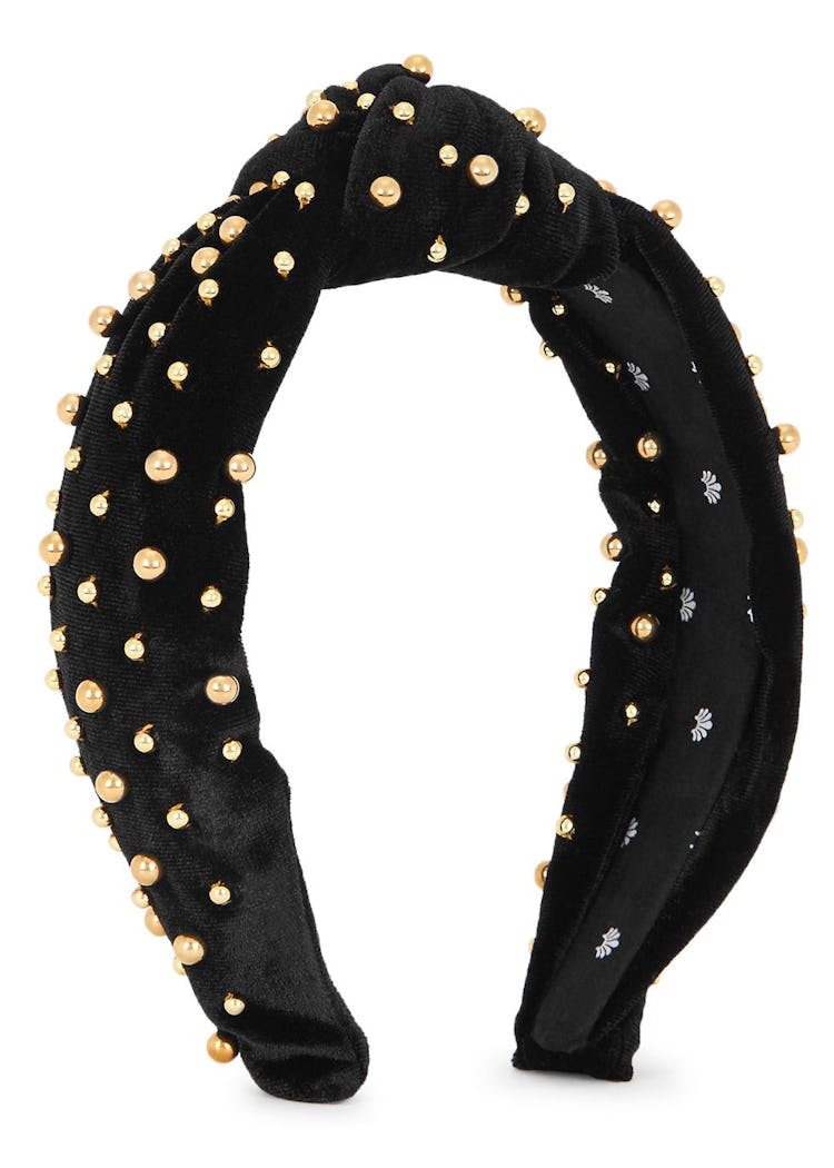 Black bead-embellished velvet headband: additional image